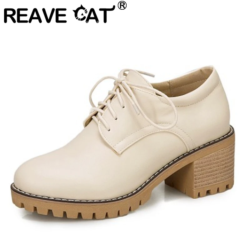 

Женские винтажные туфли REAVE CAT, лаконичные туфли-лодочки на платформе, на шнуровке, с круглым носком, на массивном каблуке 6 см, черные и бежевые, A4393, 2021