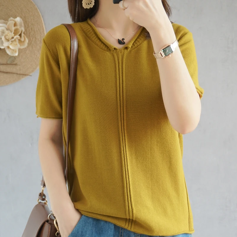 

T-shirt women 2021 new summer pure cotton knitted sweater short-sleeved women casual plus size tops v-neck pullover tees