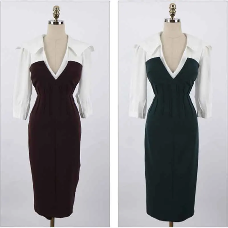 

New Autumn Spring Temperament Sexy Long sleeve Bodycon Dress Office Lady V-Neck Casual Dress Elegant Party Women patchwork Dress
