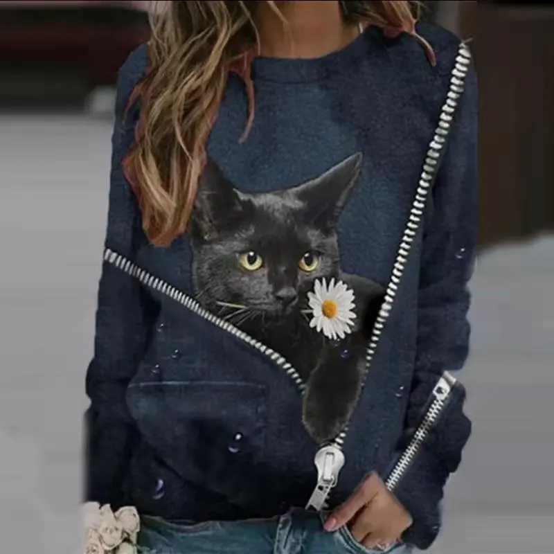 

2021 new round neck cartoon cat print casual long-sleeved T-shirt harajuku