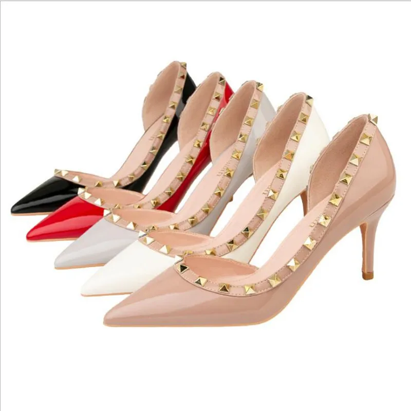 

2021 Fashion Riveting Nail Thin Heeled High Heels Slim Shallow Mouth Pointed Sexy Side Hollow New Party Women's Shoes Size 34-41