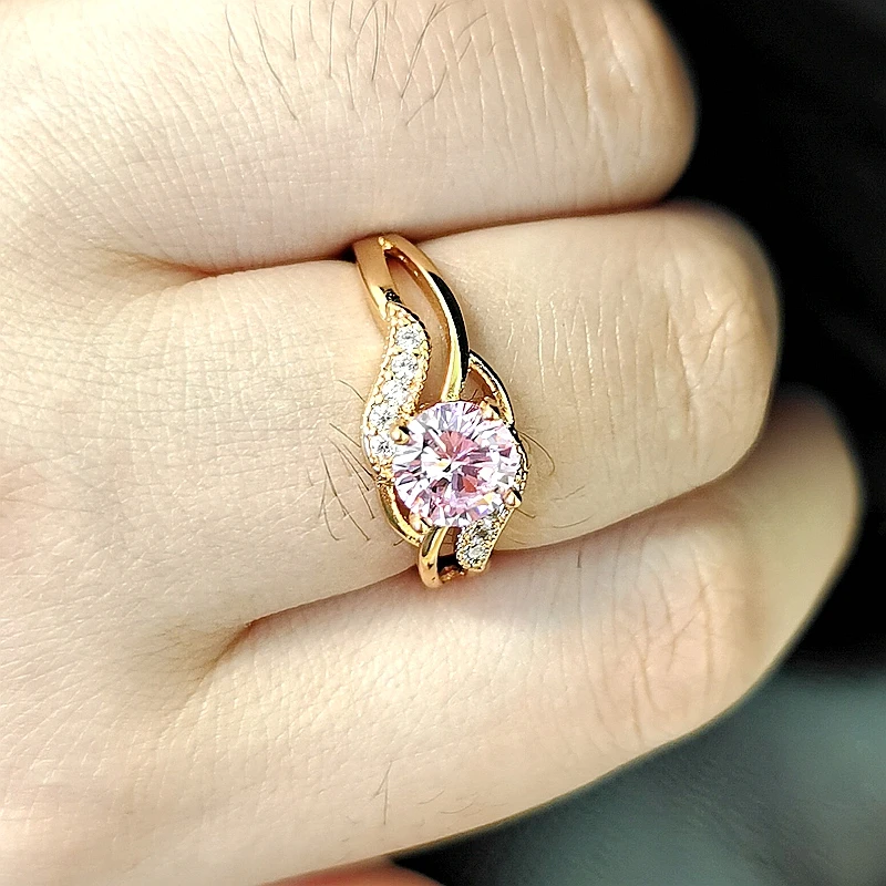 Оригинальный дизайн золотого цвета круглые розовые фианиты кольца для женщин