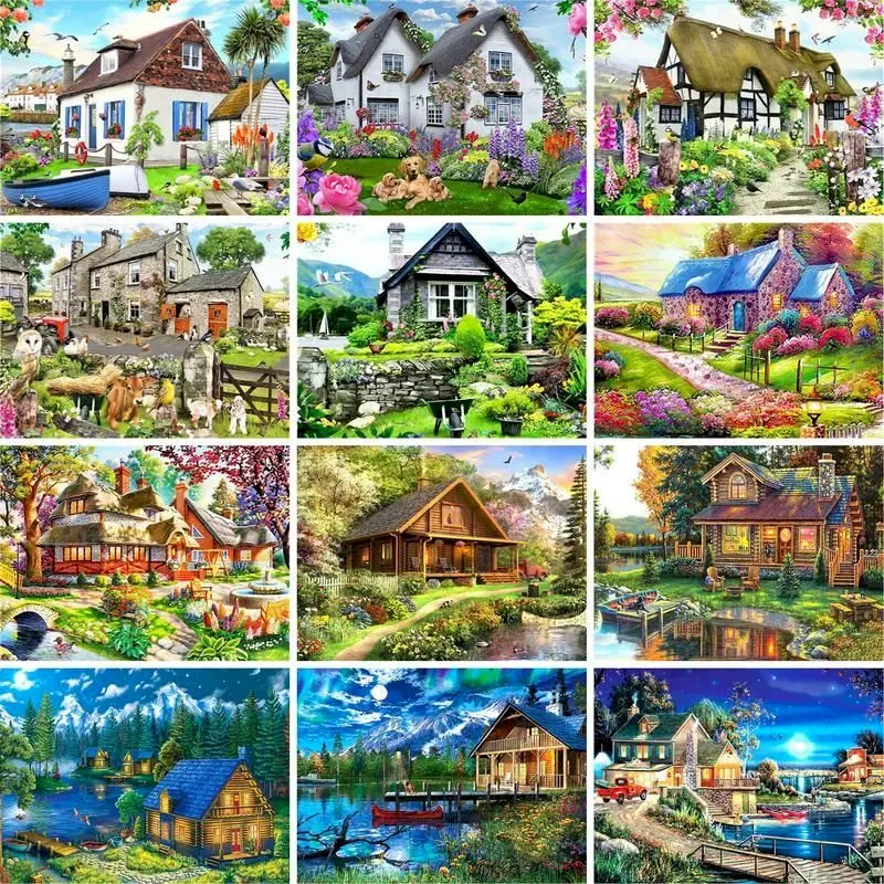 

GATYZTORY 60x75cm Painting By Numbers Frameless Country Cottage Paint By Numbers On Canvas DIY Number Painting Scenery Home Deco