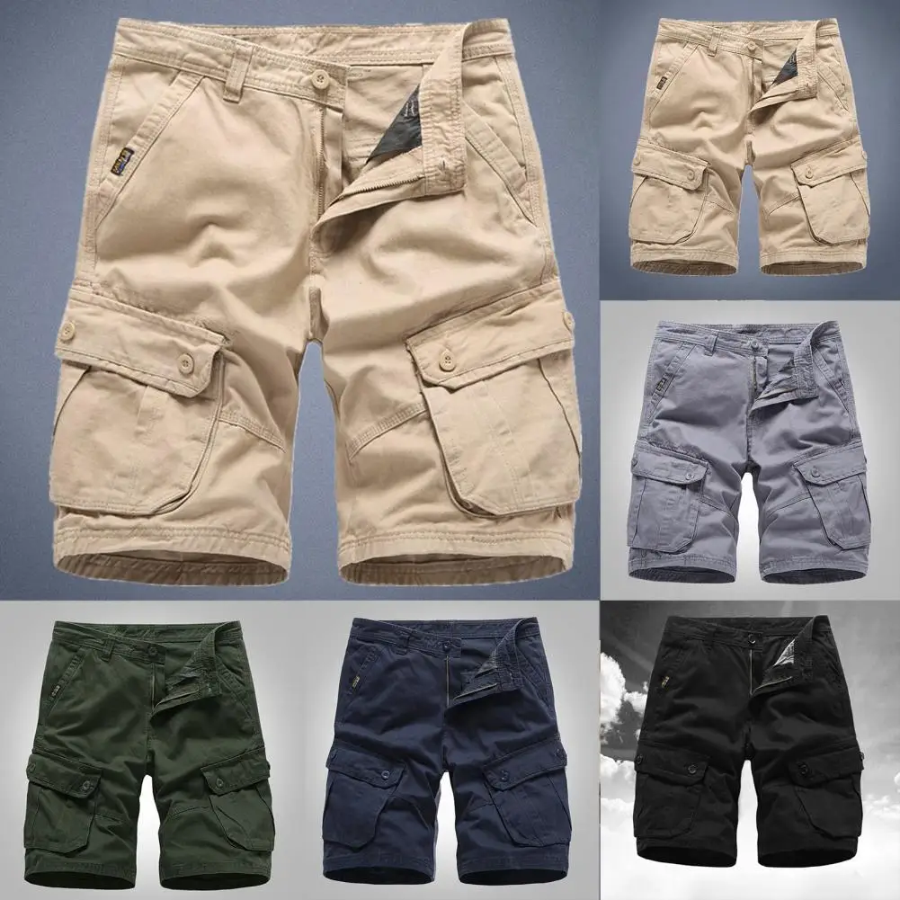 

Летние модные однотонные универсальные шорты до колен с множеством карманов мужские брюки