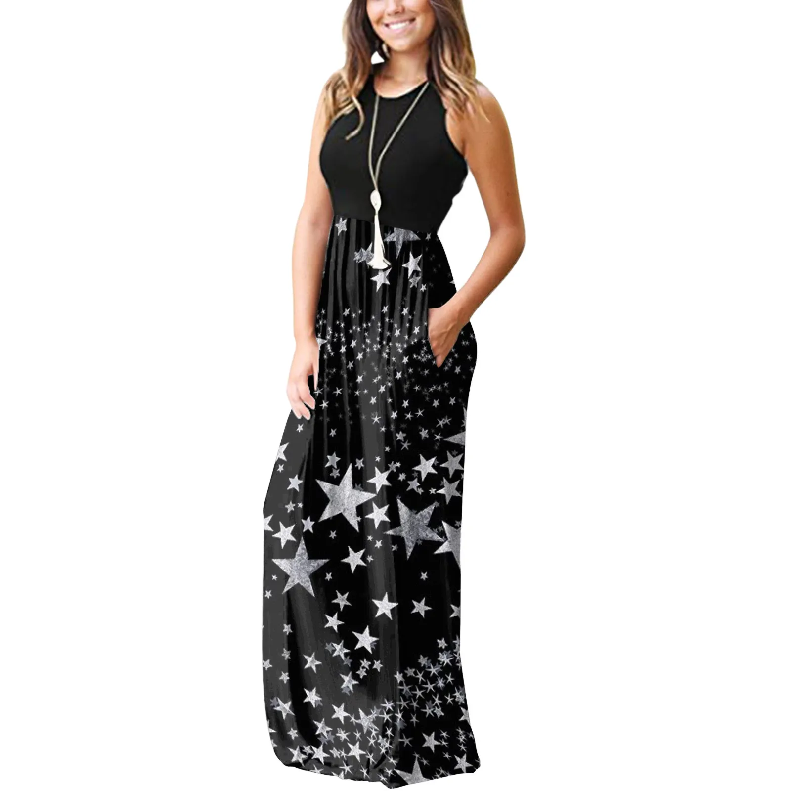 

40# Bohemian Sleeveless Star Printed Vintage Dresses Straight Beach Dress 2021 Causal Round-neck Pocket Sleeveless Summer Dress