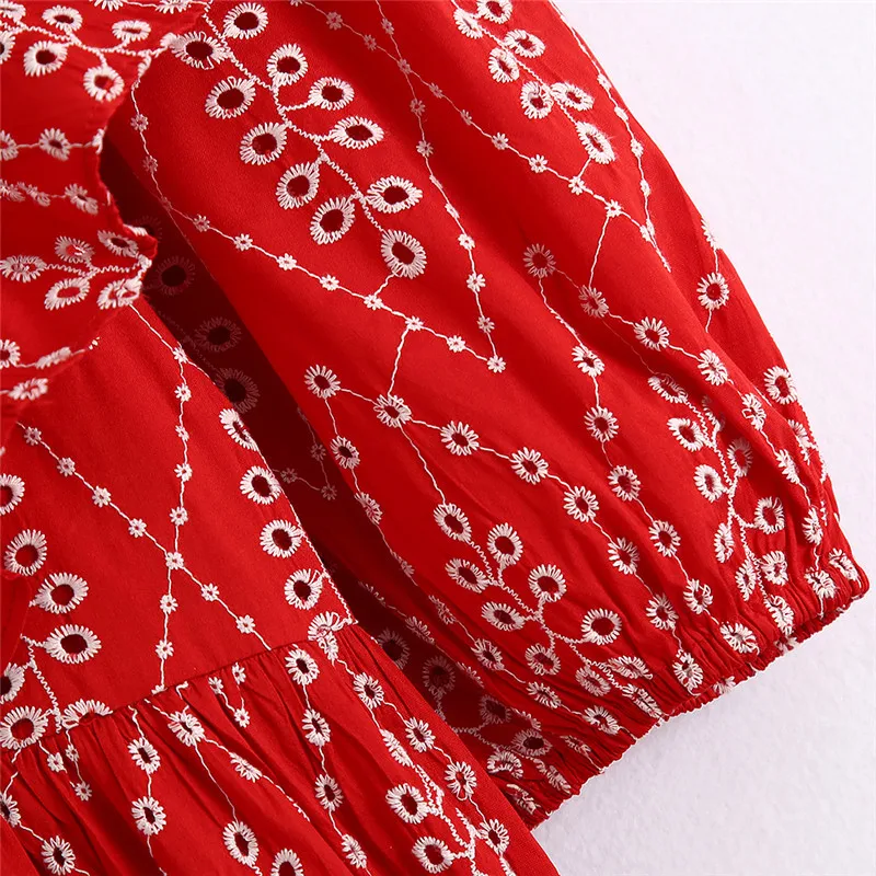 

2020 Women Chic Embroidery Ruffles Midi Dress Fashion Hollow Out V Neck Puff Sleeves Female Dresses Vestidos Mujer