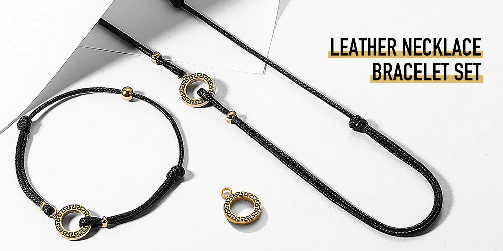 Уникальный простой кожаный браслет-чокер ожерелье набор для мужчин и женщин Золотой шарм Регулируемая Веревка Цепь Lucky Ювелирные наборы TSL001
