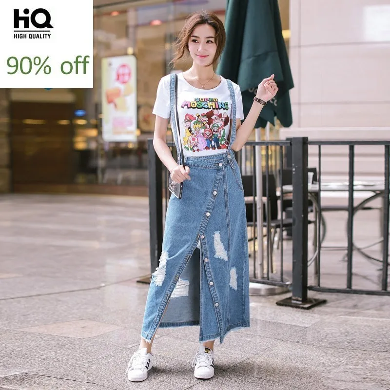 Летние Асимметричные рваные женские джинсовые платья на подтяжках с высокой