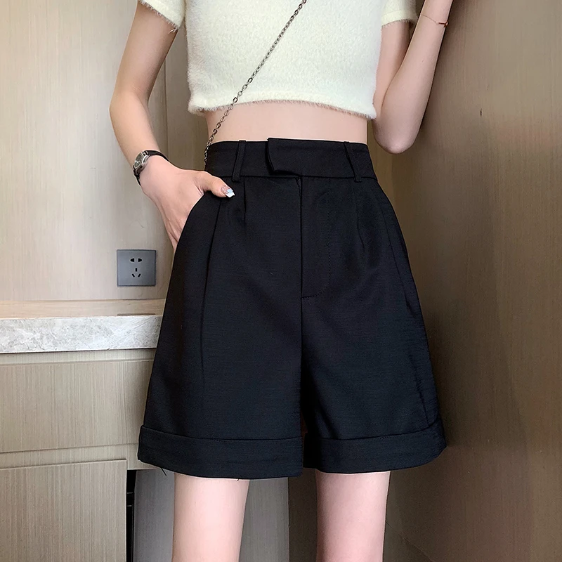 

Rolled Wide Leg Summer Shorts Women High Waist Suit Shorts Female Casual Elegant Wild Black Shorts Slim A-line Shorts Plus Size