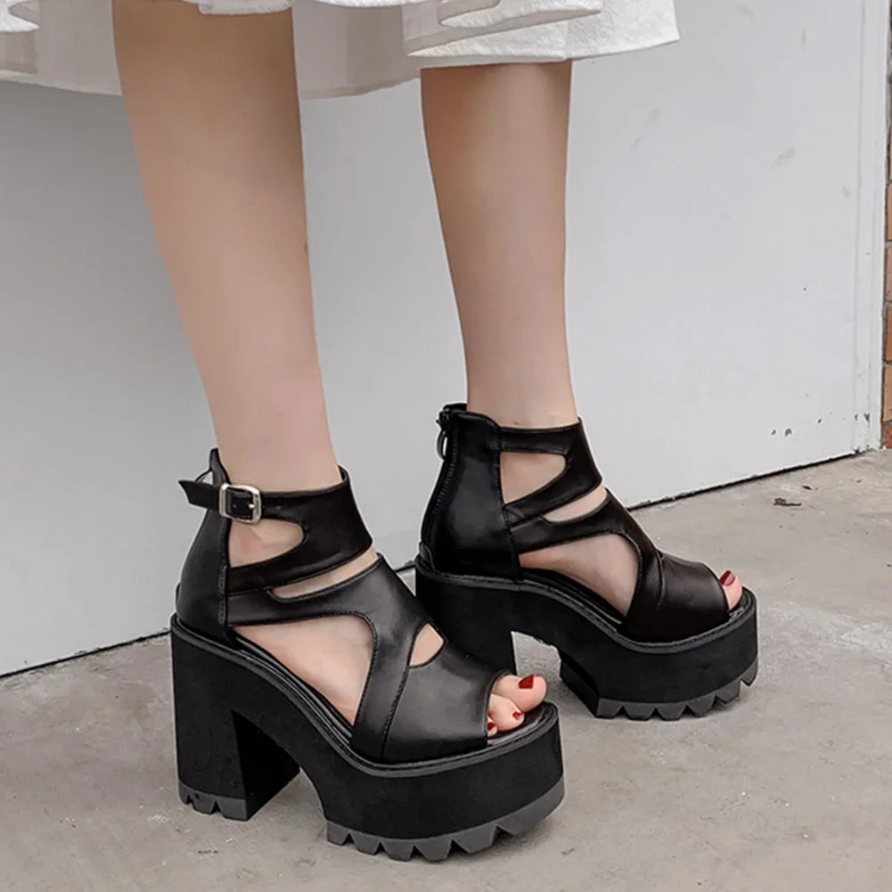 

SaraIris Black Zipper Buckle Peep Toe Platform Sandals Women Cool Fashion Punk Design Sandals Ladies Shoes
