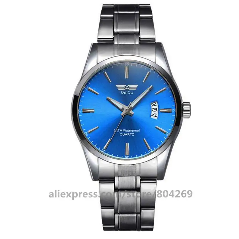 silver blue 50 шт./лот SWI-021 SWIDU мужские роскошные Простые Стальные часы с ремешком женские мужские кварцевые часы с календарем стальные мужские повседневные часы - Цвет: silver blue