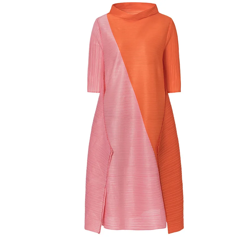 

Plus Size Dress Autumn Women Hit Color Turtleneck Half sleeve Loose Miyake Pleats Irregular Dress for women's weight 45-75kg