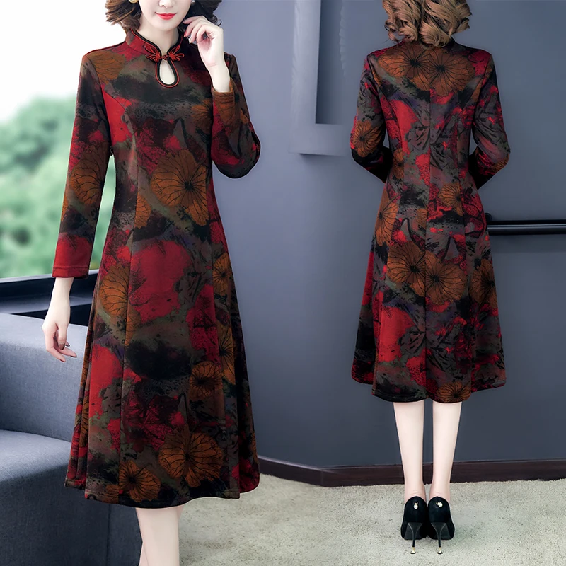 

2021 Autumn Vintage Floral Cheongsam Dress Winter Casual 5XL Plus Size Long Sleeve Midi Dresses For Women Bodycon Vestidos Party