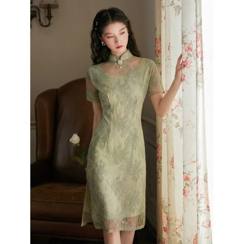 

Chinese Improved Cheongsam Dress Green Lace Summer 2021 Long Chinese Style Retro Slim Embroidered Cheongsams Hollow Out Dresses