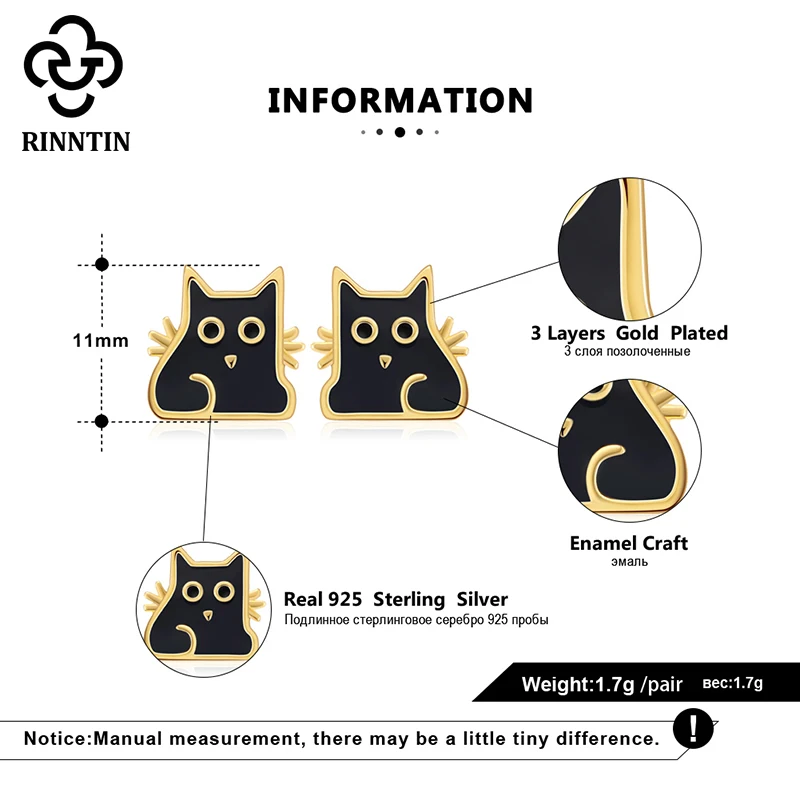 

Rinntin Real 925 Sterling Silver Stud Earrings Gold Plated Black Enamel Craft Cat Shape Lovely Trendy Earring For Female TEQE16