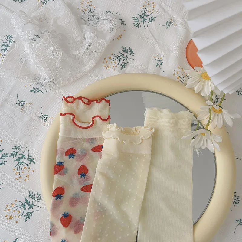 

Japanese Kawaii cute socks Women Girl Fashion Soft Thin Summer Short Socks Printed Pattern Polka Dot Fruit Strip Frill Sock