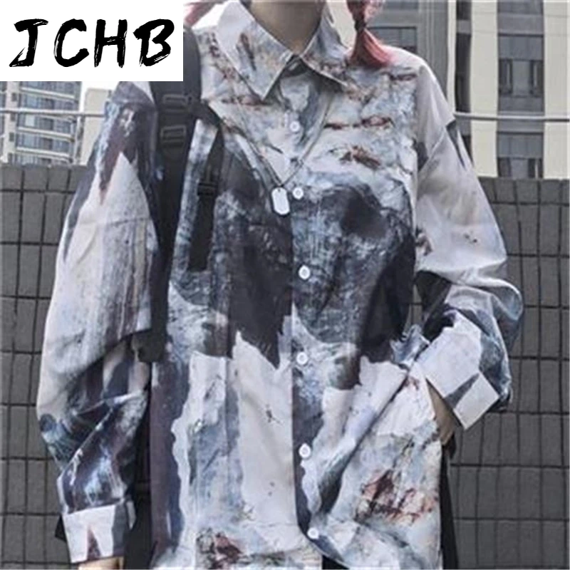 

2021 Autumn Women Blouse Harajuku Pattern Print Long-sleeved Loose Blouses Tops Female Shirt Hip Hop Casual Button Blouse Street