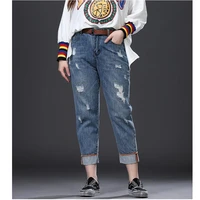 spring summer plus size women denim jeans pants high waist ripped hole fashion casual ankle length trousers 5xl 6xl for woman