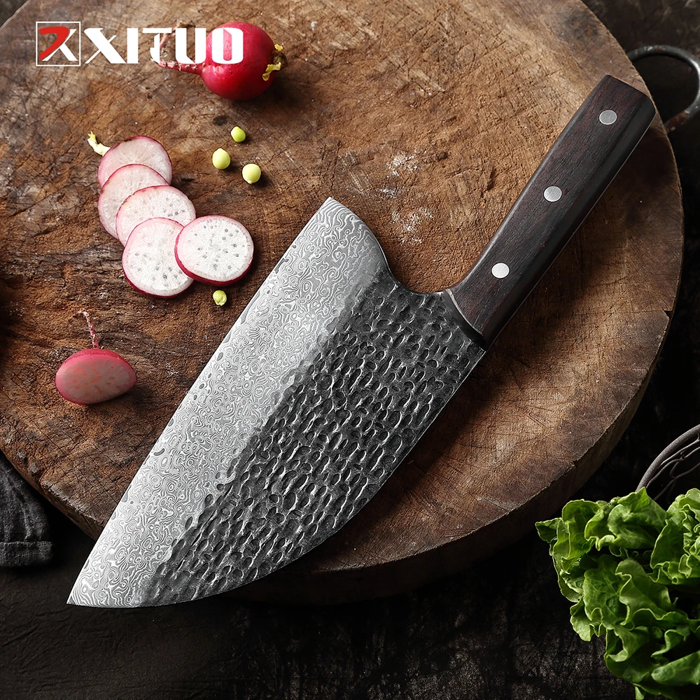 XITUO Kitchen Chef Forged Knife Damascus Steel Bone Cutting Meat Cleaver Butcher Knifes Vegetable Chopping Knives Cooking Tools