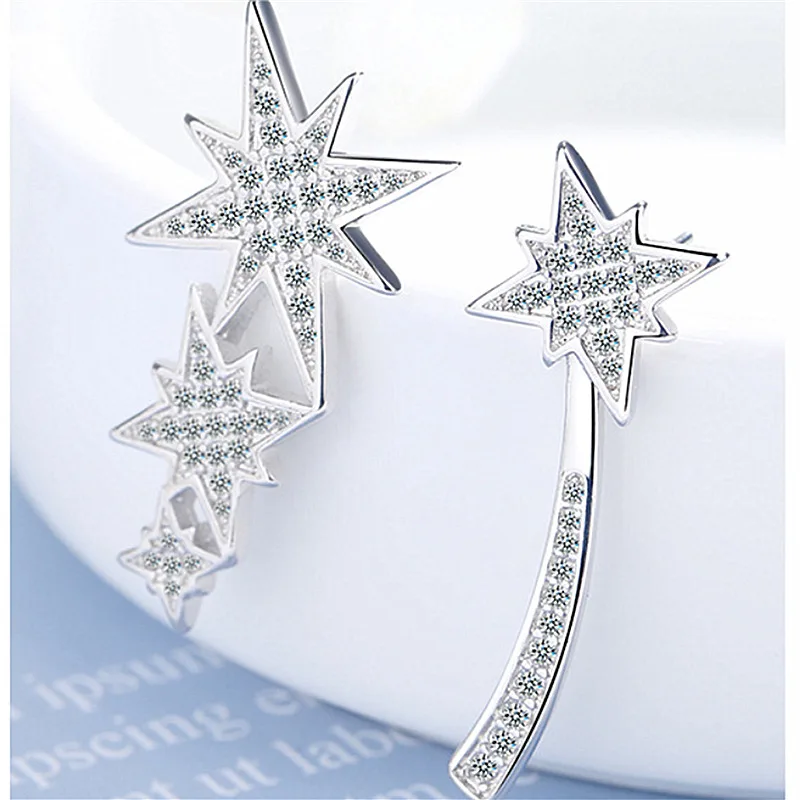 

Cute Female Crystal Star Asymmetric Earrings Trendy Silver Color Stud Earrings For Women Dainty White Zircon Wedding Earrings