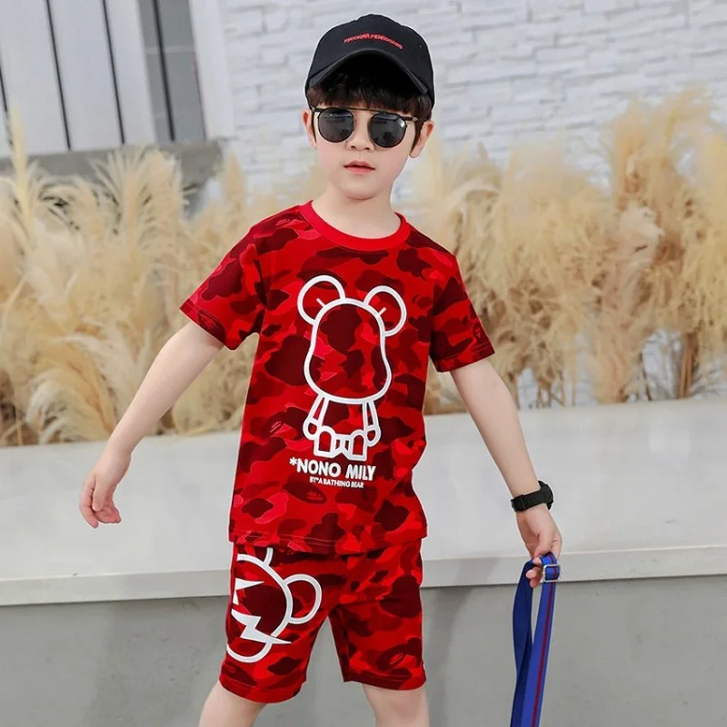 

2021 New Hip Hop Style Camouflage Cartoon Bear Boy Girl Clothing Sets Short Sleeve T-shirt & Shorts 2pcs Children's Clothing Kid