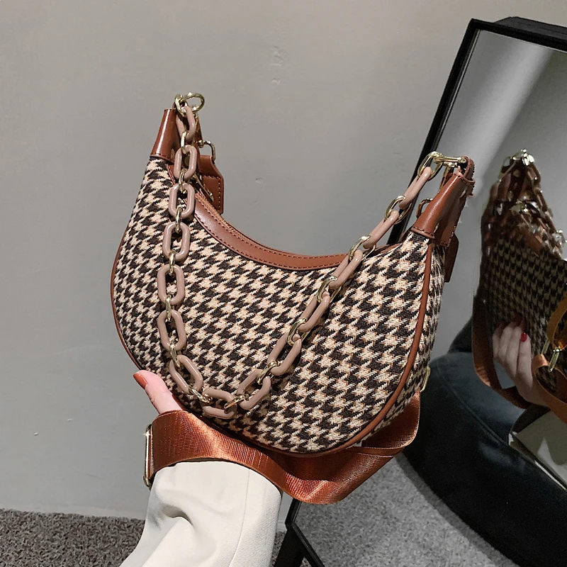 

Burminsa Wide Strap Half Moon Plaid Shoulder Crossbody Bags For Women Brand Designer Houndstooth Chain Small Ladies Handbags