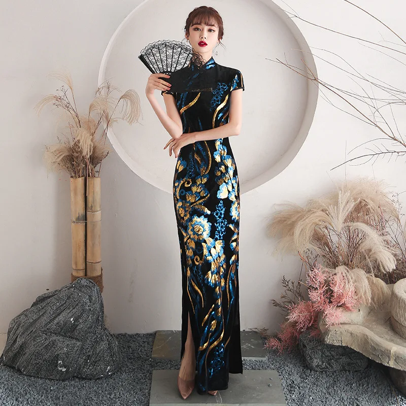 Oversize 4XL Velour Sequin Flower Cheongsam Women Slim Velvet Qipao Elegant Evening Party Dress Short Sleeve Vestidos images - 6