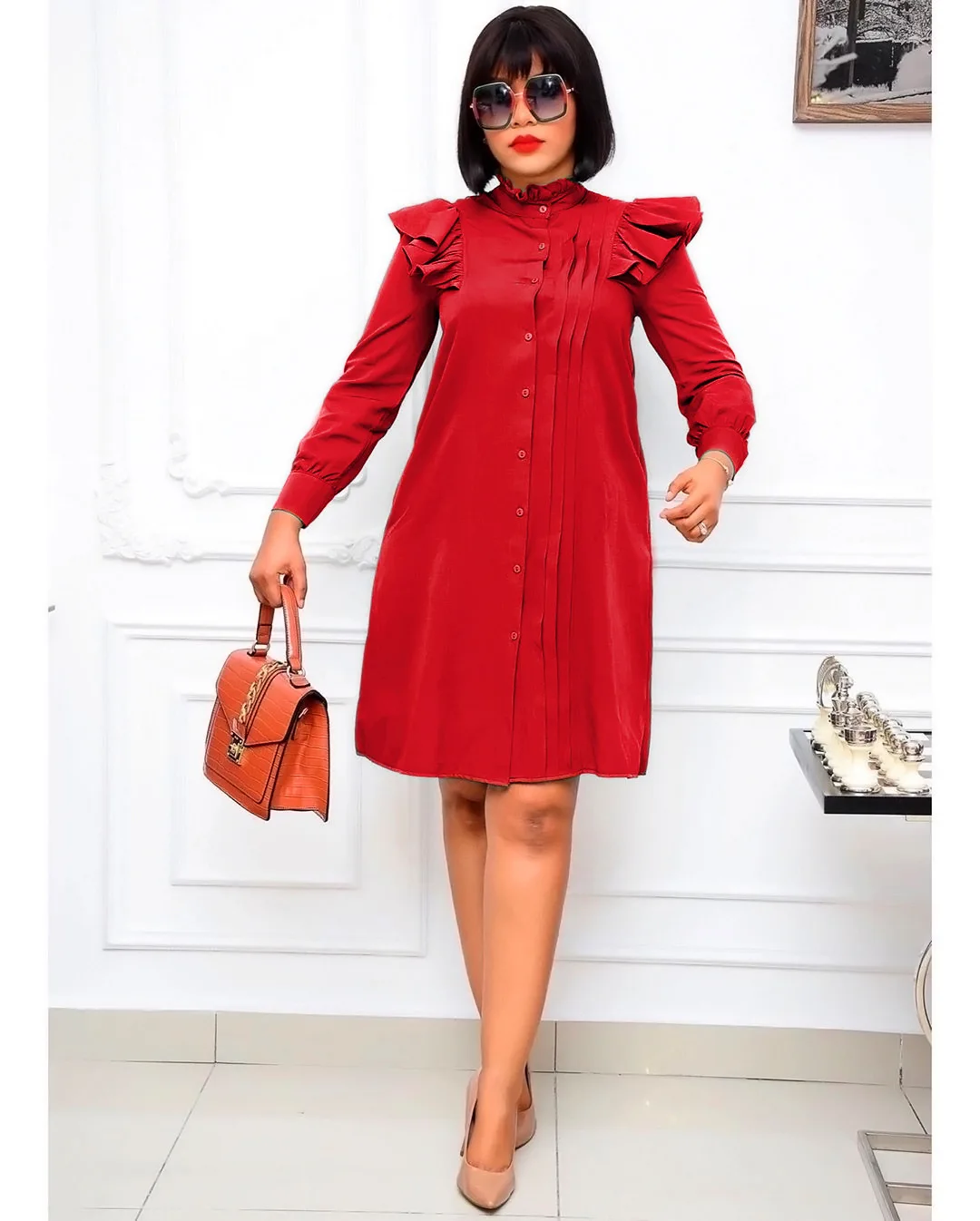 

Women Nice Summer Elegent African Solid Color Long Sleeve Plus Size Shirt Dress African Dresses for Women Fashion Bodycon Dress