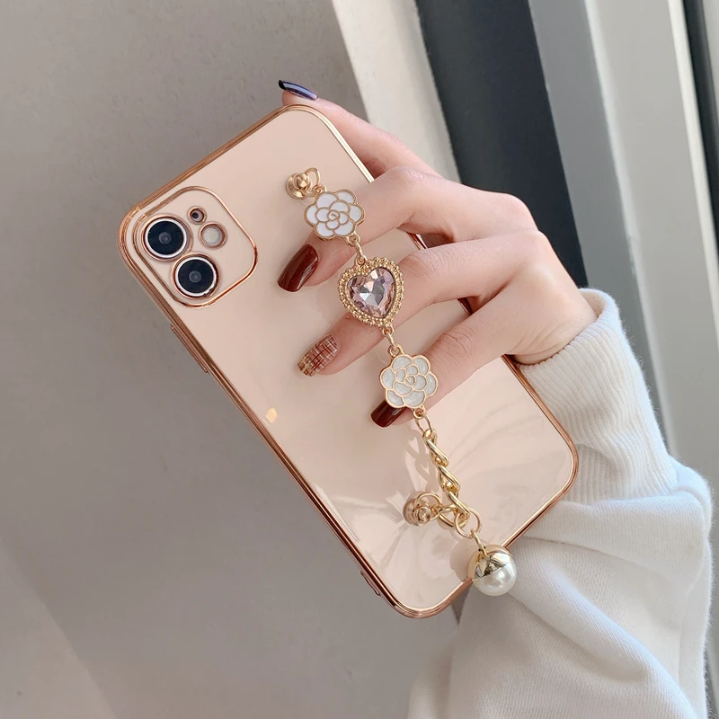 

Металлический чехол с жемчужным браслетом для телефона iPhone 12 Pro Max mini 11 XR X XS 7 8 6 6S Plus SE 2020, гальваническая цепь, мягкий чехол