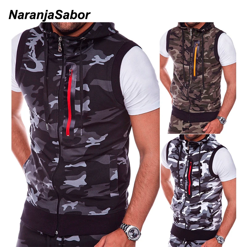 NaranjaSabor 2020 New Mens Camouflage Vest Spring Summer Military Hooded Sleeveless Sweatshirt Male Fashion Brand Clothing N638 | Мужская