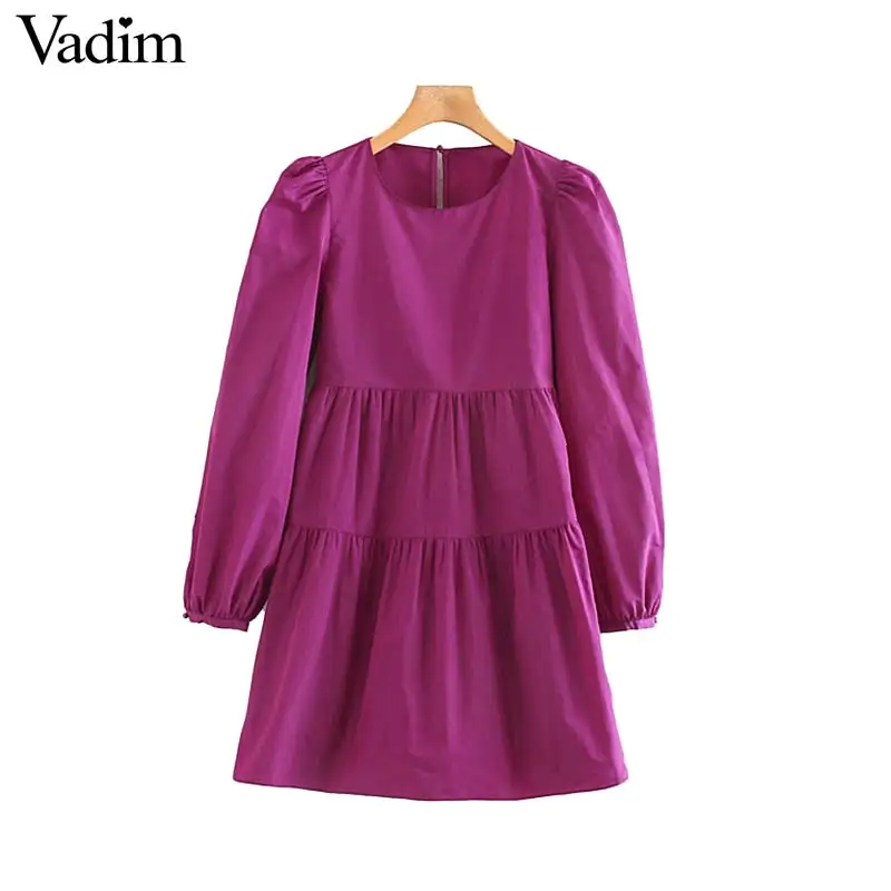 Женское элегантное платье vadim с круглым вырезом фиолетовое пышными рукавами