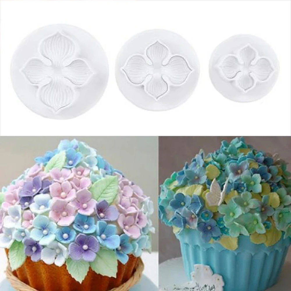 3Pcs/Set Silicone Hydrangea Fondant Cake Decorating SugarCraft Plunger Cutter Flower Blossom Mold Home Cake tools Drop Shipping