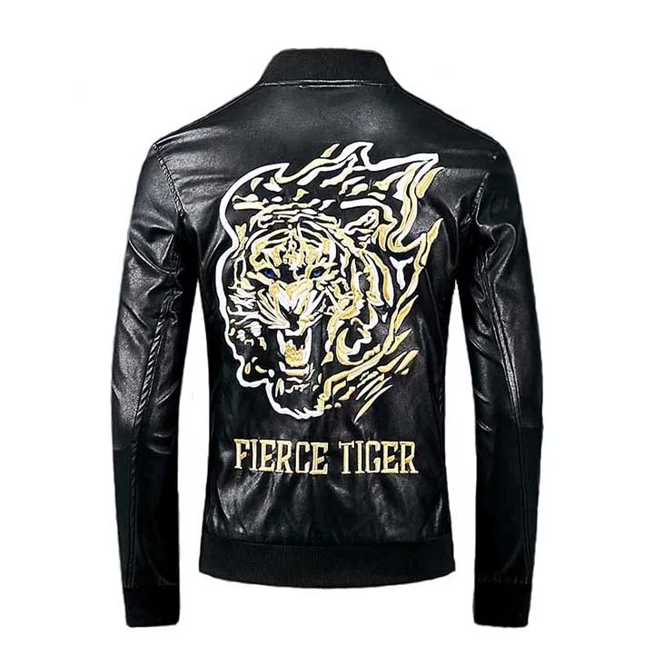 KIOVNO мужские куртки и пальто из искусственной кожи с вышивкой тигра Куртки из искусственной кожи Верхняя одежда для мужчин Уличная черная - Цвет: Черный
