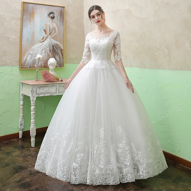 

Plus Sizes Wedding Dresses 2023 O Neck Appliques Lace Edge Ivory Floor Length Half Sleeves Bridal Wedding Gown Vestido de Noiva