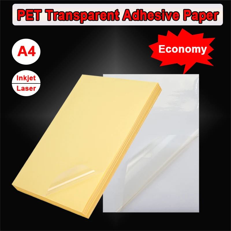 Economy A4 Transparent PET Adhesive Sticker Paper Waterproof Anti-Scratch For Inkjet or Laser Printer
