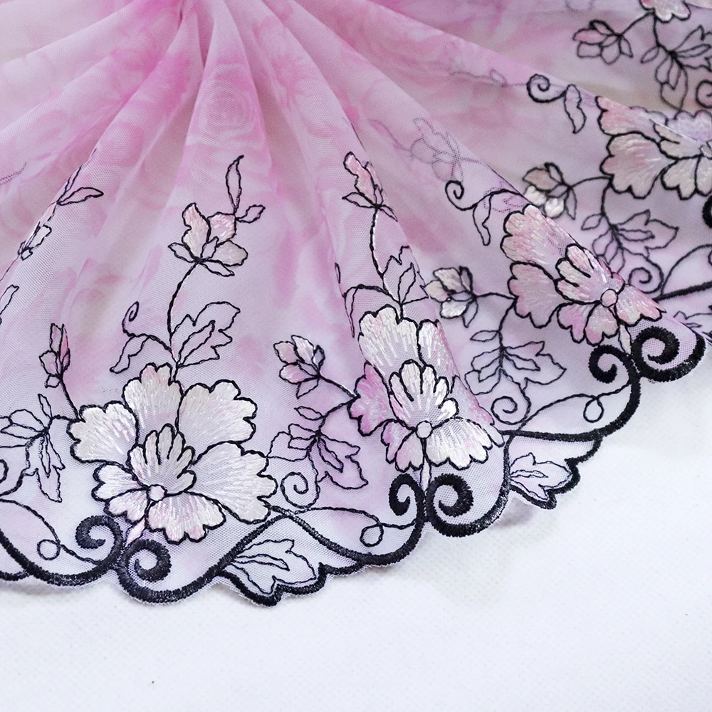 

19.5 cm Wide Peony Flowers Embroidered Lace Trim Rose floral printed Mesh Costume Decor Lace Applique lingerie Trimmings Fabric