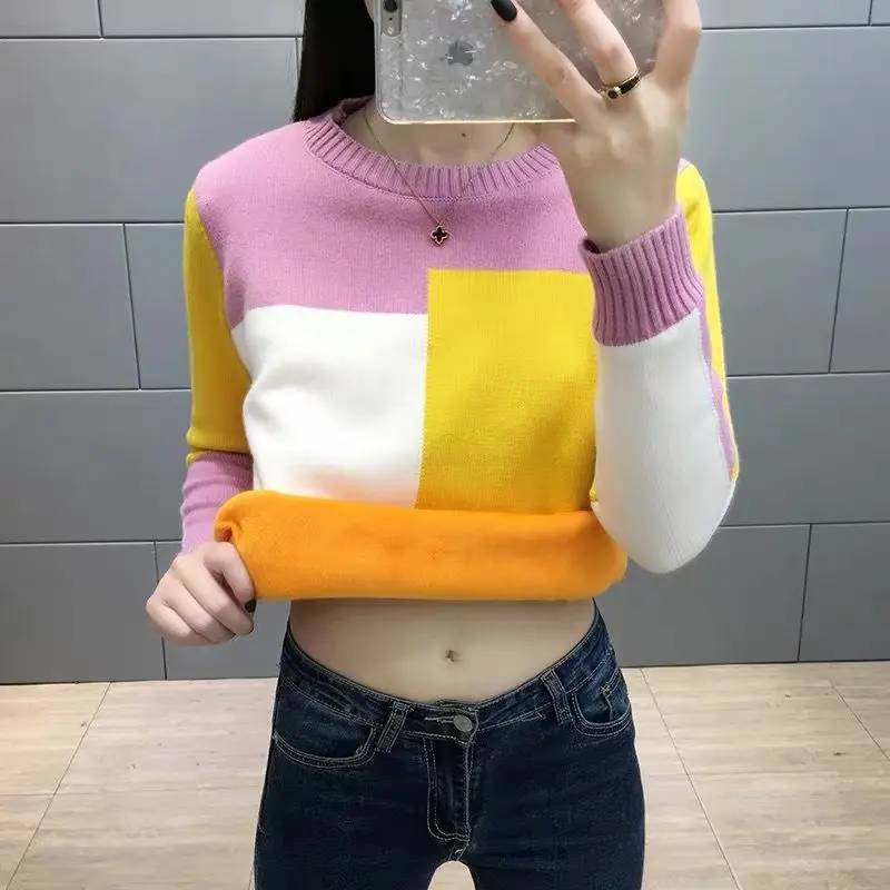 0.5 New Arrival Thick Winter Knitted Women Sweater Plus Velvet O-neck Contrast Color Pullovers | Женская одежда
