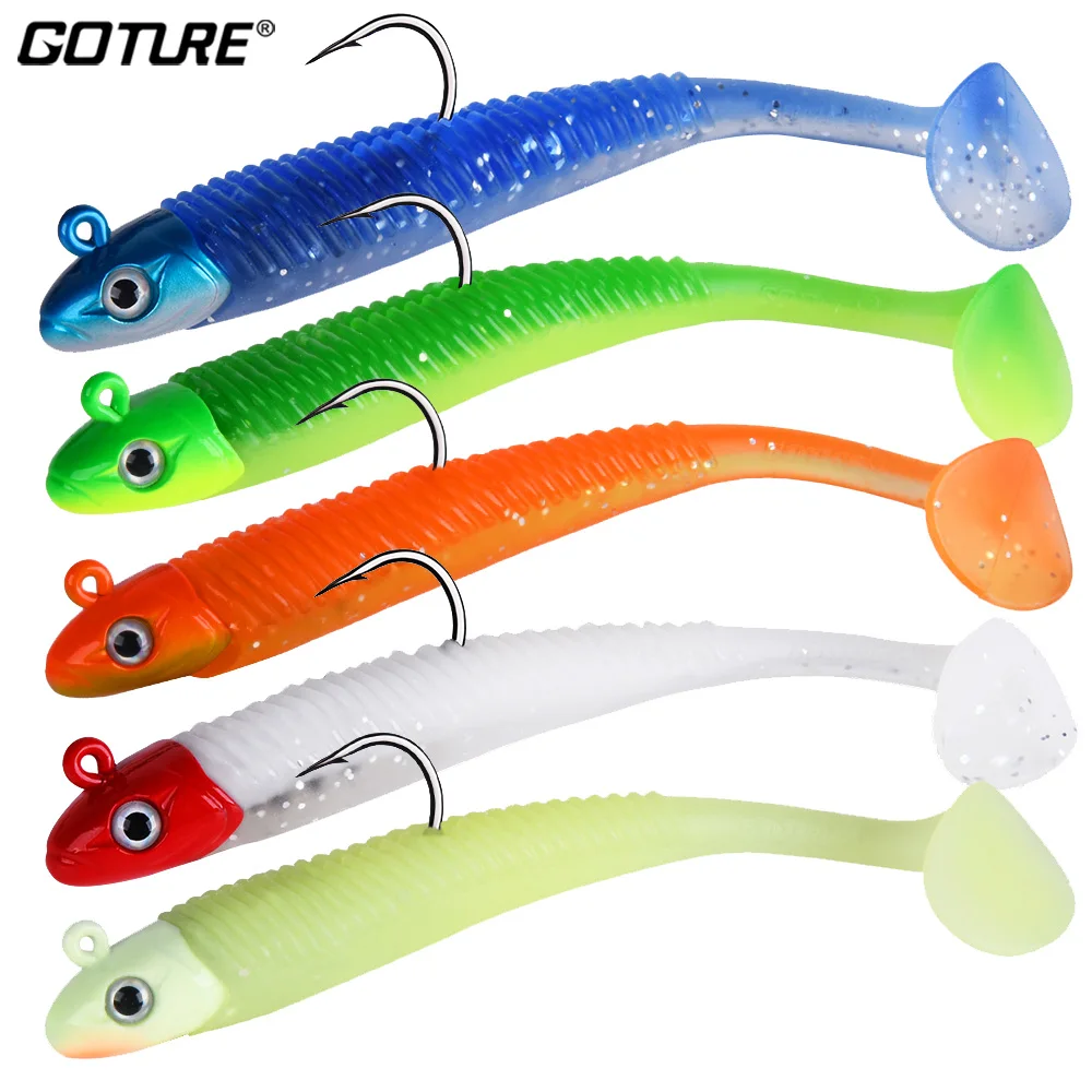 

Goture 5pcs/set Soft Fishing Lure Jig Head + PVC Tail Silicone Artificial Bait Wobblers for Carp Shad Pike Fishing Accessories