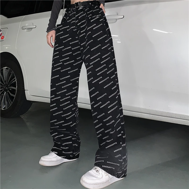 

women's jeans black jeans letter print casual Y2K jeans wide leg straight pants baggy jeans straight leg jeans high waist jeans