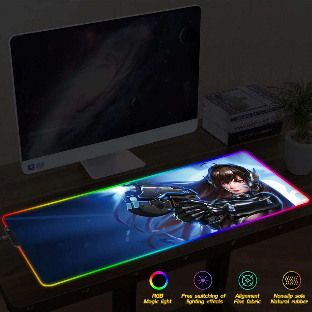 Большой игровой коврик для мыши геймерский коврик для мыши RGB коврик для мыши XXL компьютерный коврик светодиодный коврик с подсветкой Mause ковер Настольный коврик для Overwatch OW DVA