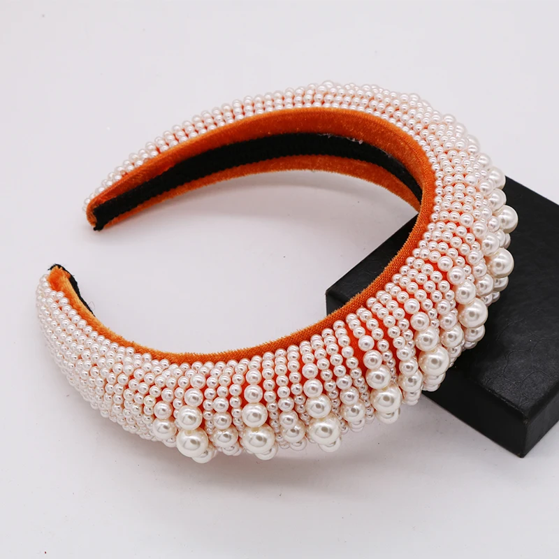 orange pearl На заказ барокко Корона широкий бархат ободок для волос ручной работы роскошный цвет кристалл оголовье свадебные украшения для волос Аксессуары тиара де noiva - Окраска металла: orange pearl
