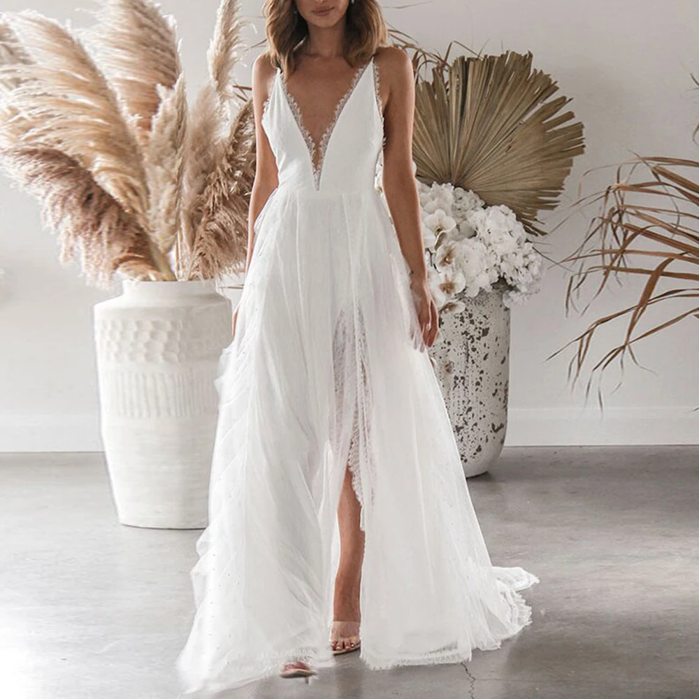 

Женское длинное вечернее платье, белое кружевное платье-трапеция на бретельках-спагетти с V-образным вырезом, элегантное официальное плать...