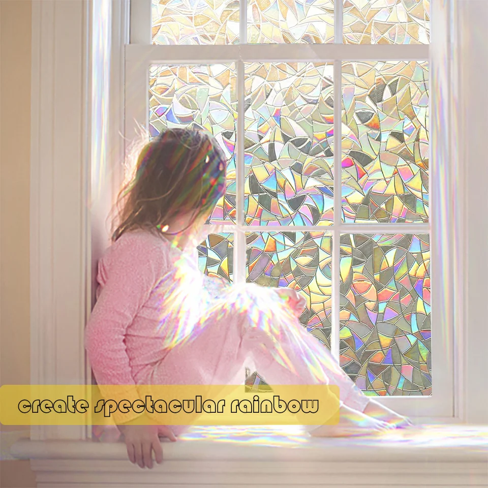 

3D Rainbow Effect Window Film Stained Glass Vinyl Self Adhesive Film Static Privacy Clings UV Protective Window Sticker for Home