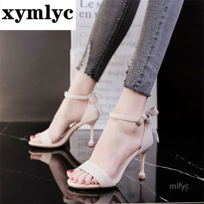 

High-heeled sandals female fairy style 2021 summer new stiletto sequined bag with bow fashion sandals women shoes sandals shoes