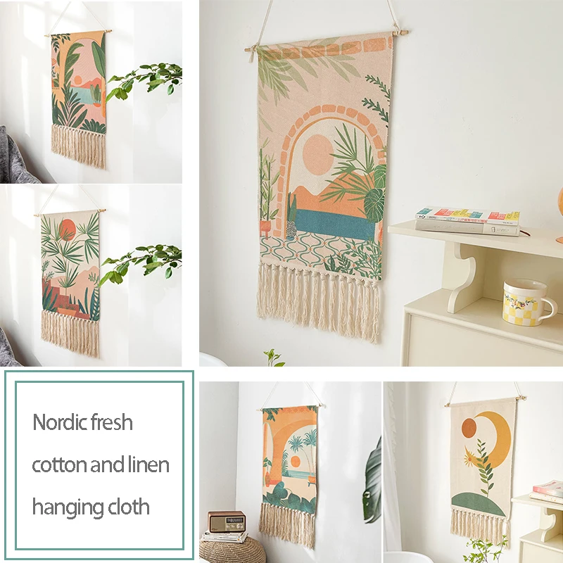 

Nordic Style Fresh Cotton And Linen Hanging Cloth Hand-Woven Ethnic Tassel Tapestry Bedroom Decoration Paintings