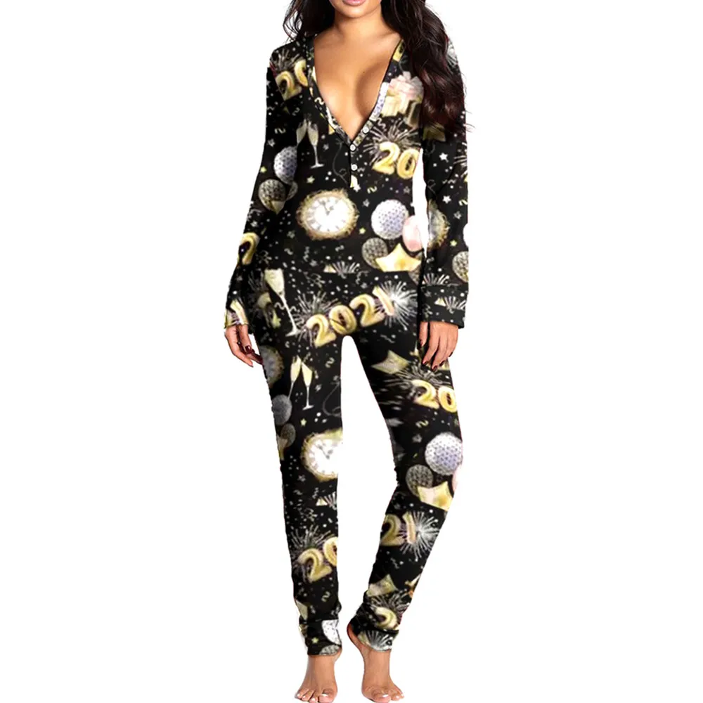 

2021 Print V-neck Buttons Up Sexy Romper Women Long Sleeve Jumpsuits Autumn Winter Sleepwear Back Flap Sleepwear New