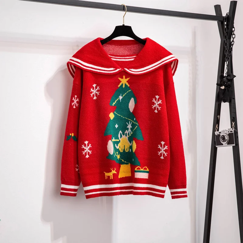 

Women Thickened Warm Loose Casual Knitting Pullovers Tops Sailor Collar Preppy Students Christmas Sweater Female red cute korean