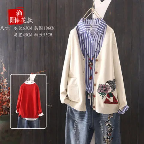 

V-neck loose sweater jacket women's outer wear 2021 spring and autumn new cardigan large size embroidery wool sweater