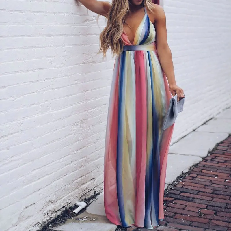 Сексуальное длинное платье женщина в богемном стиле с v образным вырезом принтом