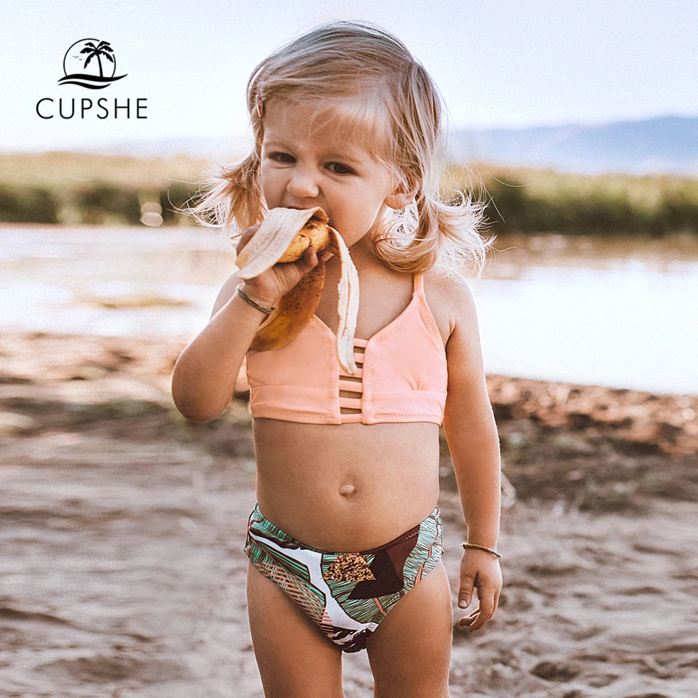 CUPSHE/розовый топ на шнуровке с принтом листьев, комплекты бикини с высокой талией для девочек, 2021 г., Детские купальники для малышей, купальные костюмы, От 2 до 12 лет - изображение